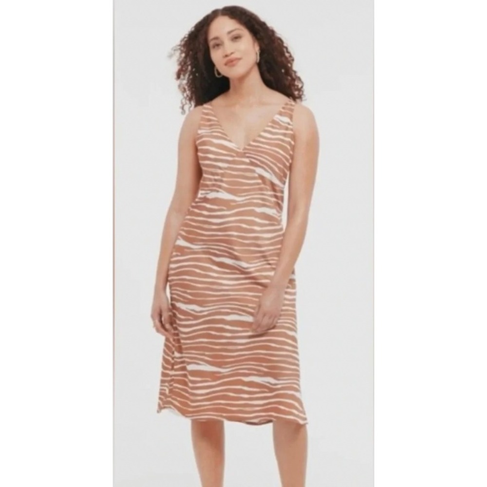 A New Day Earthy Tone Safari Chic Midi Dress Women XL Brown Zebra V-Neck Slit